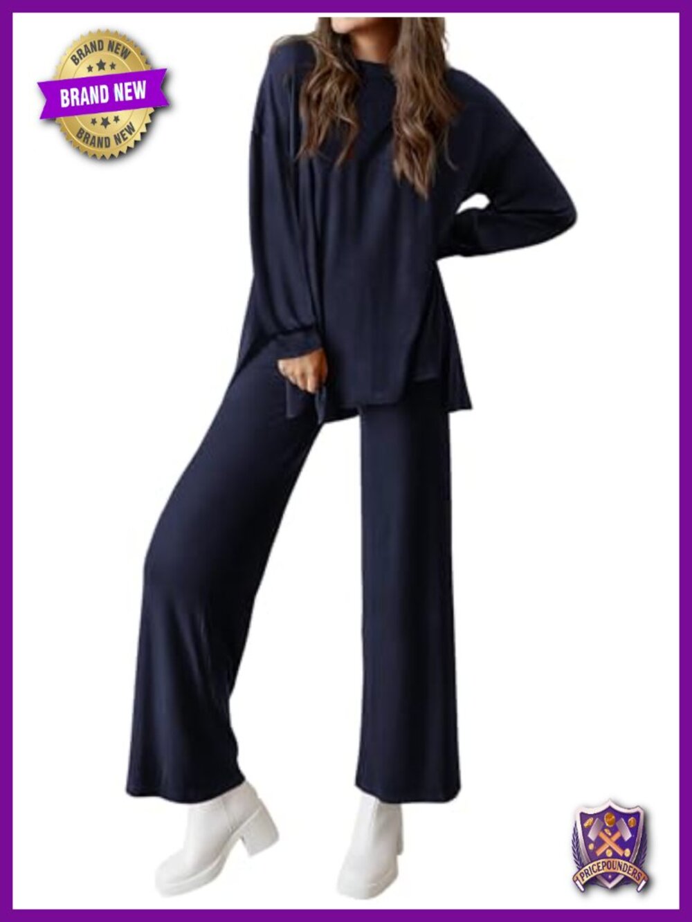 Two Piece Lounge Set Wide Leg Pants Crewneck Long Sleeve